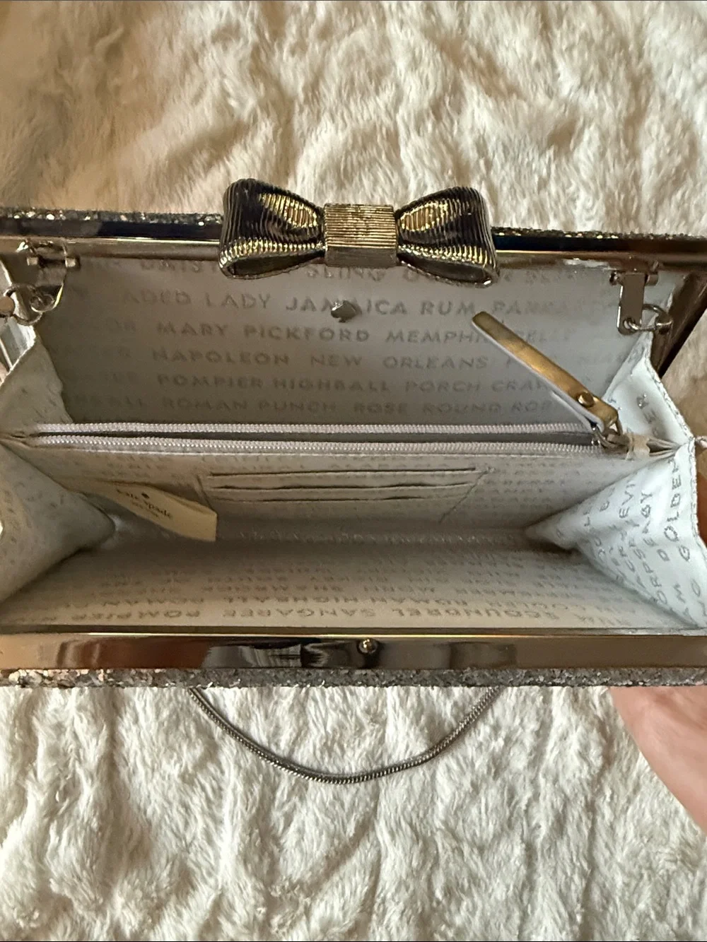 KATE SPADE Emanuelle Evening Belles PXRU4812 Silver Glitter Bow Crossbody Clutch